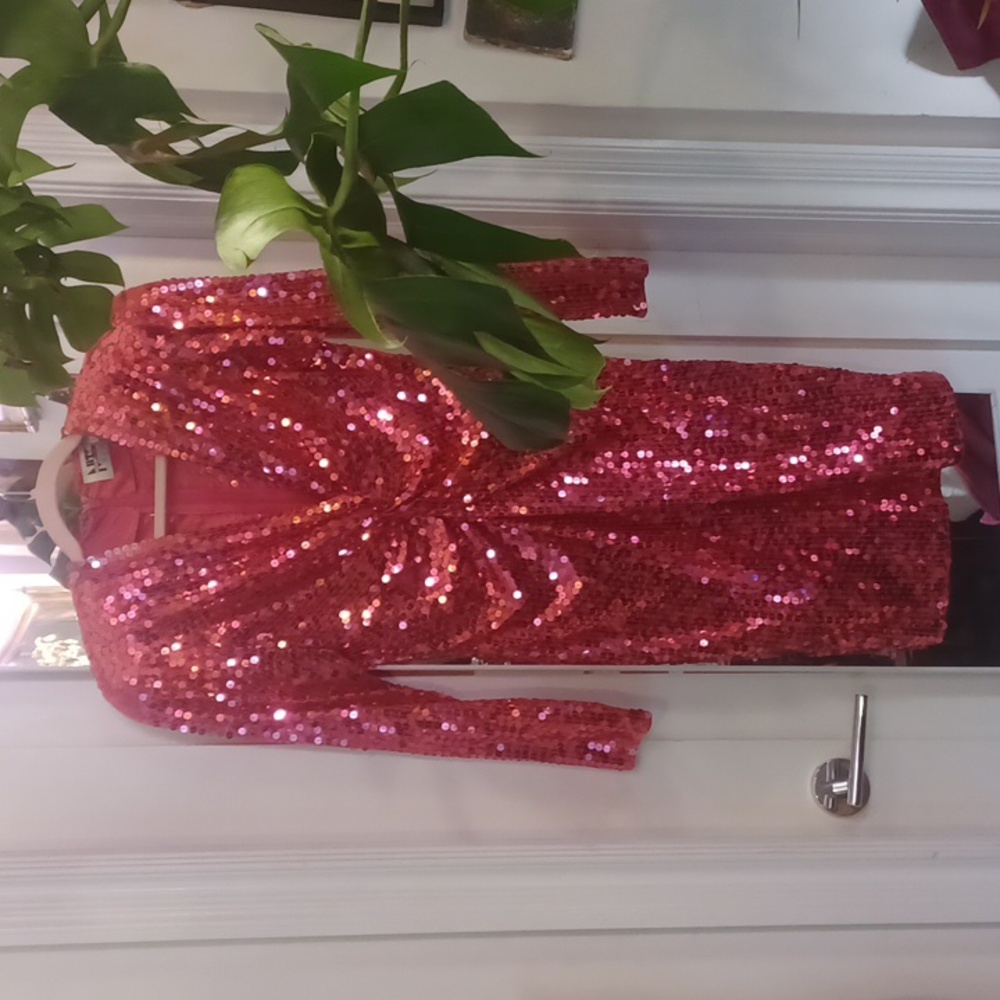 Vintage Night Line BRIGHT HOT PINK Shoulder Pad  Sequin Midi Dress sz.4  Stretch